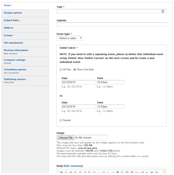 An example image of the Create Event fields.