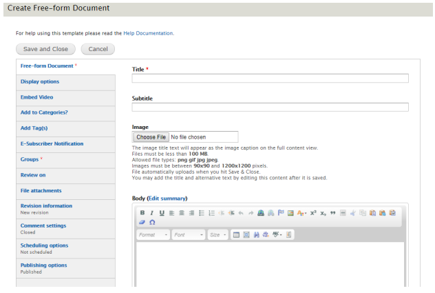 An example image of the required and optional text entry fields to create a Free Form Document.