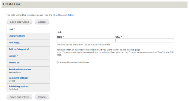 The required and optional fields in the Link tab.