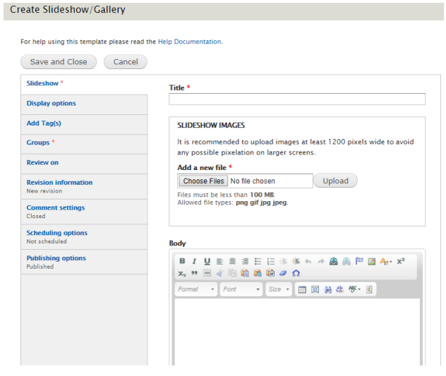 The required and optional fields in the Slideshow tab.