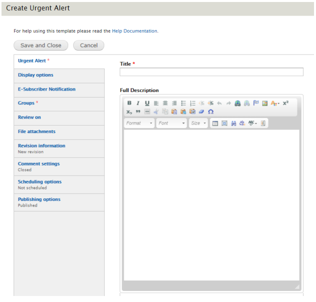 An example image of the required and options fields in the Urgent Alert tab.