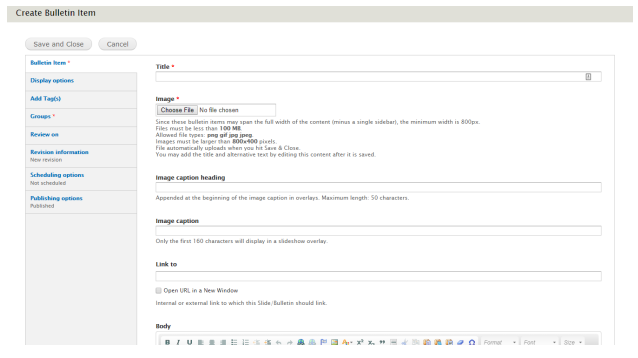 And example image of the Bulletin Item tab.
