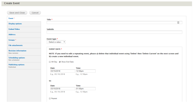An example image of the Event tab.